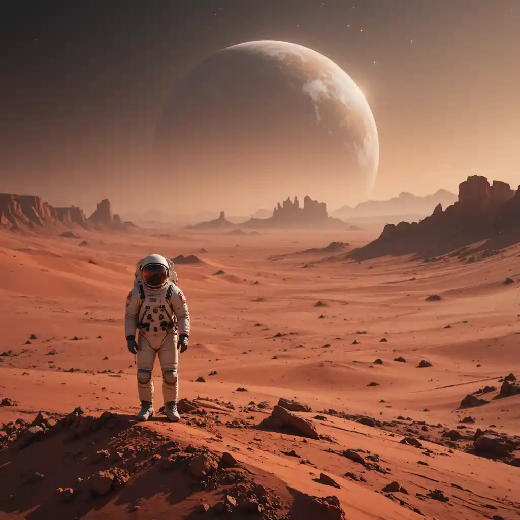 遠くに地球を望む火星の孤独な宇宙飛行士