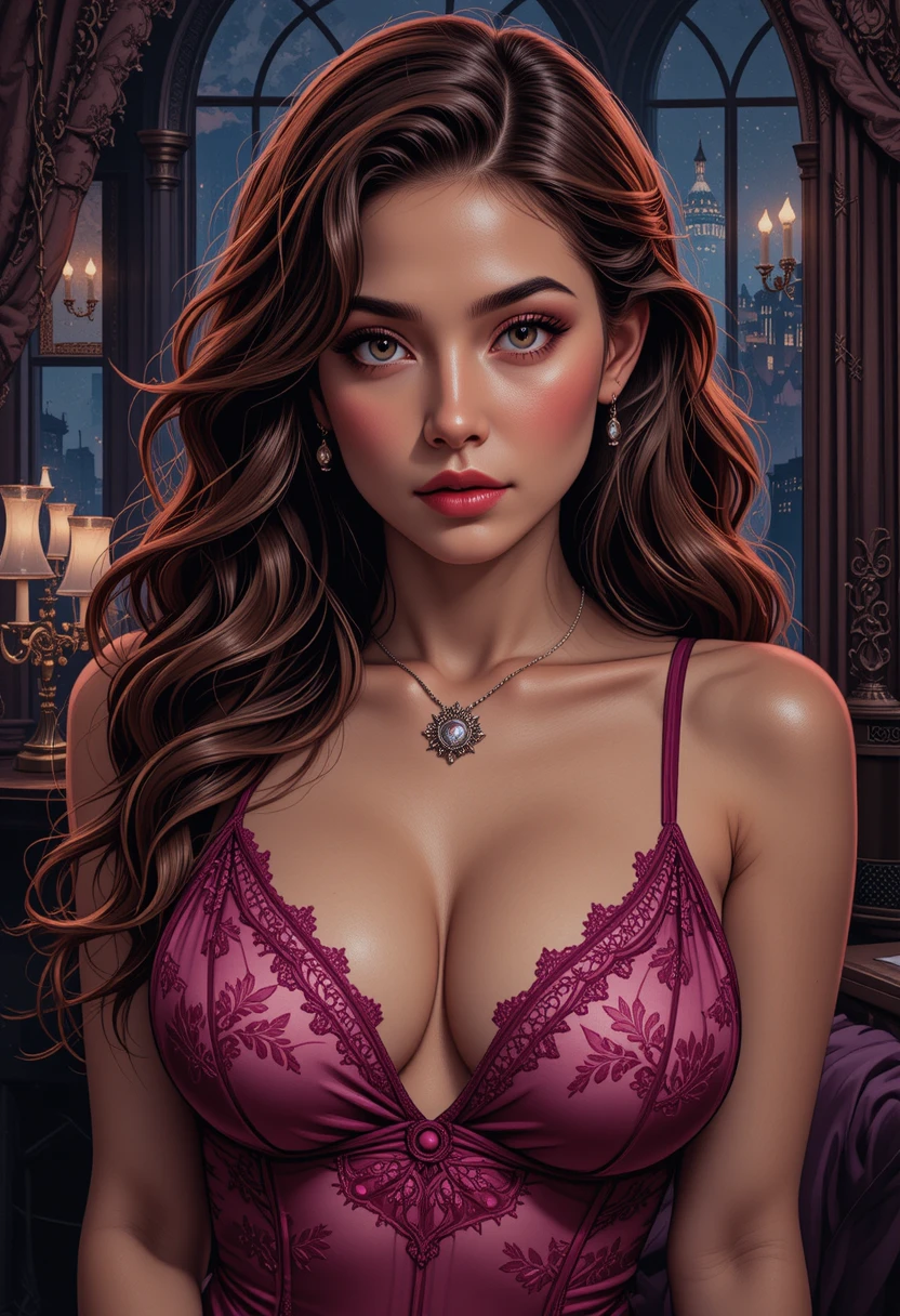 Mujer bronceada con camisón de encaje en boudoir oscuro