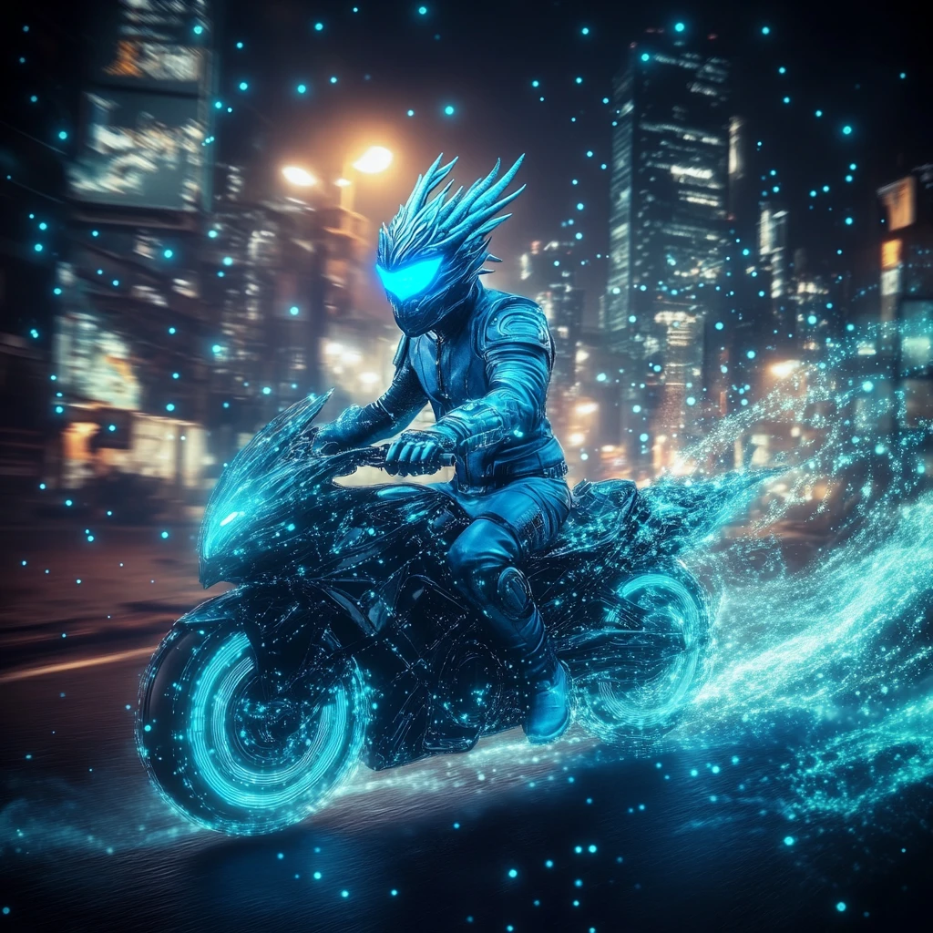 Jinete cyberpunk en moto dragón en la noche de ciudad neón