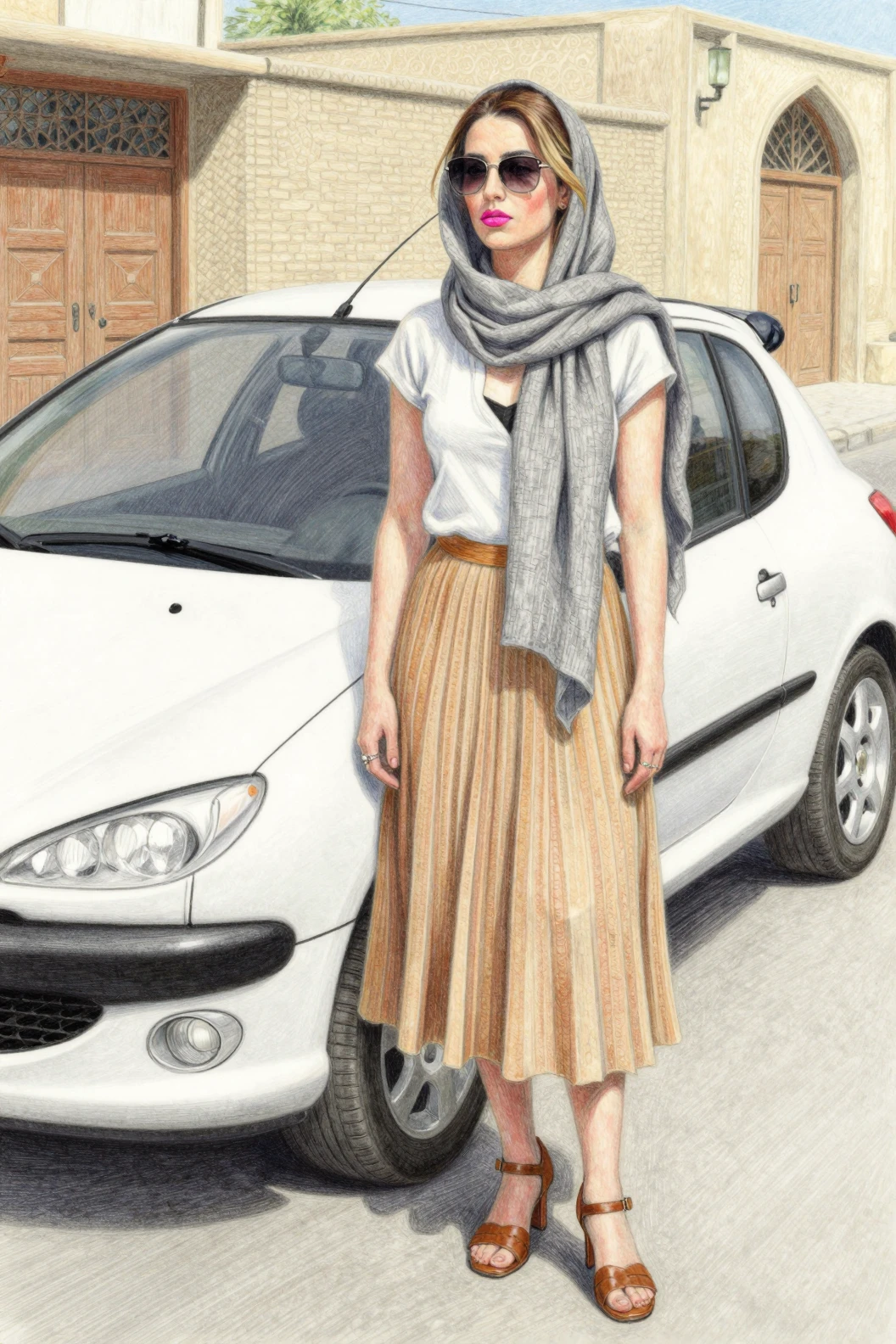 Mujer iraní con gafas de sol junto a un coche urbano blanco