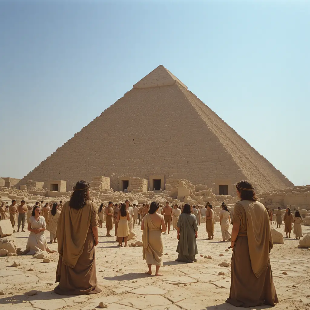 Cheerful day at an ancient pyramid construction site