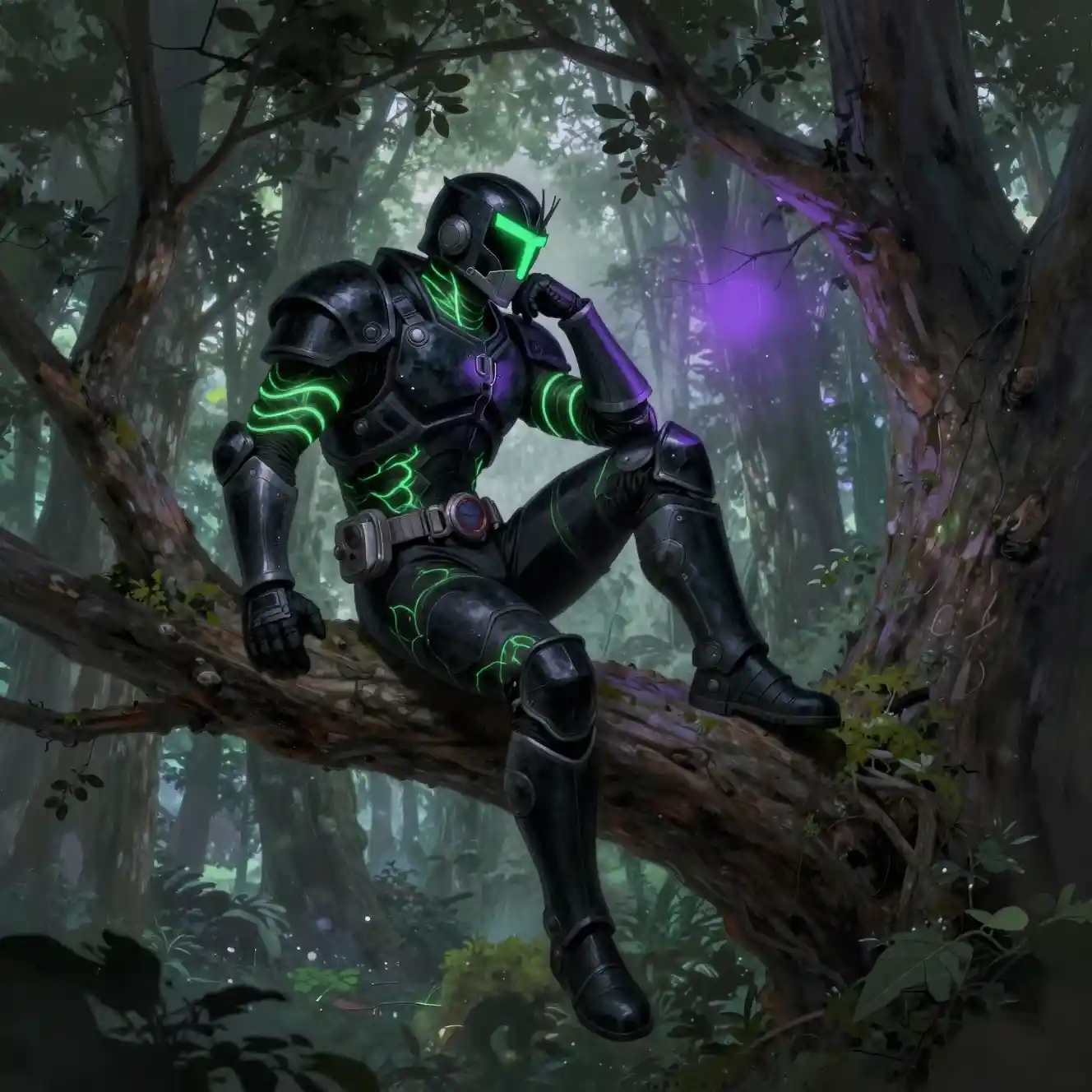 Armored man resting on a tree branch above purple glow