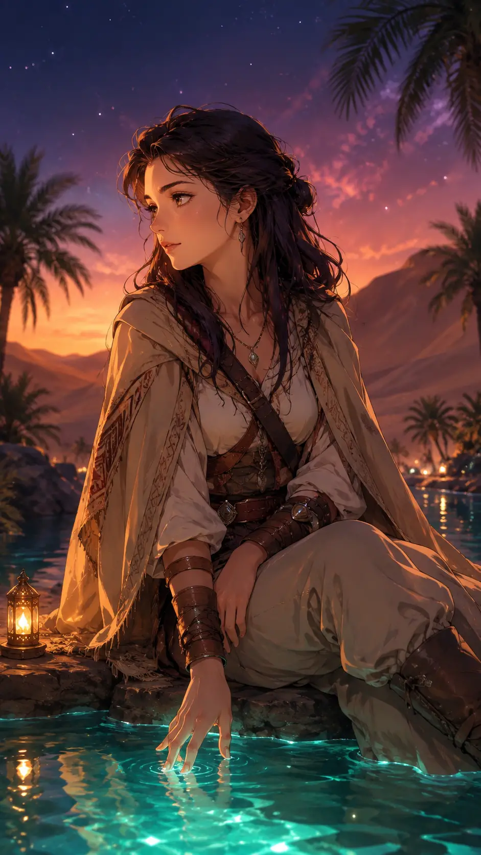 Chica de anime junto a un oasis del desierto resplandeciente al anochecer