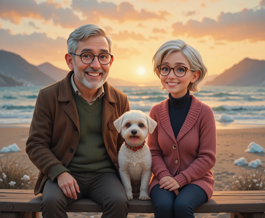 Elderly couple on a beach bench at warm sunset
