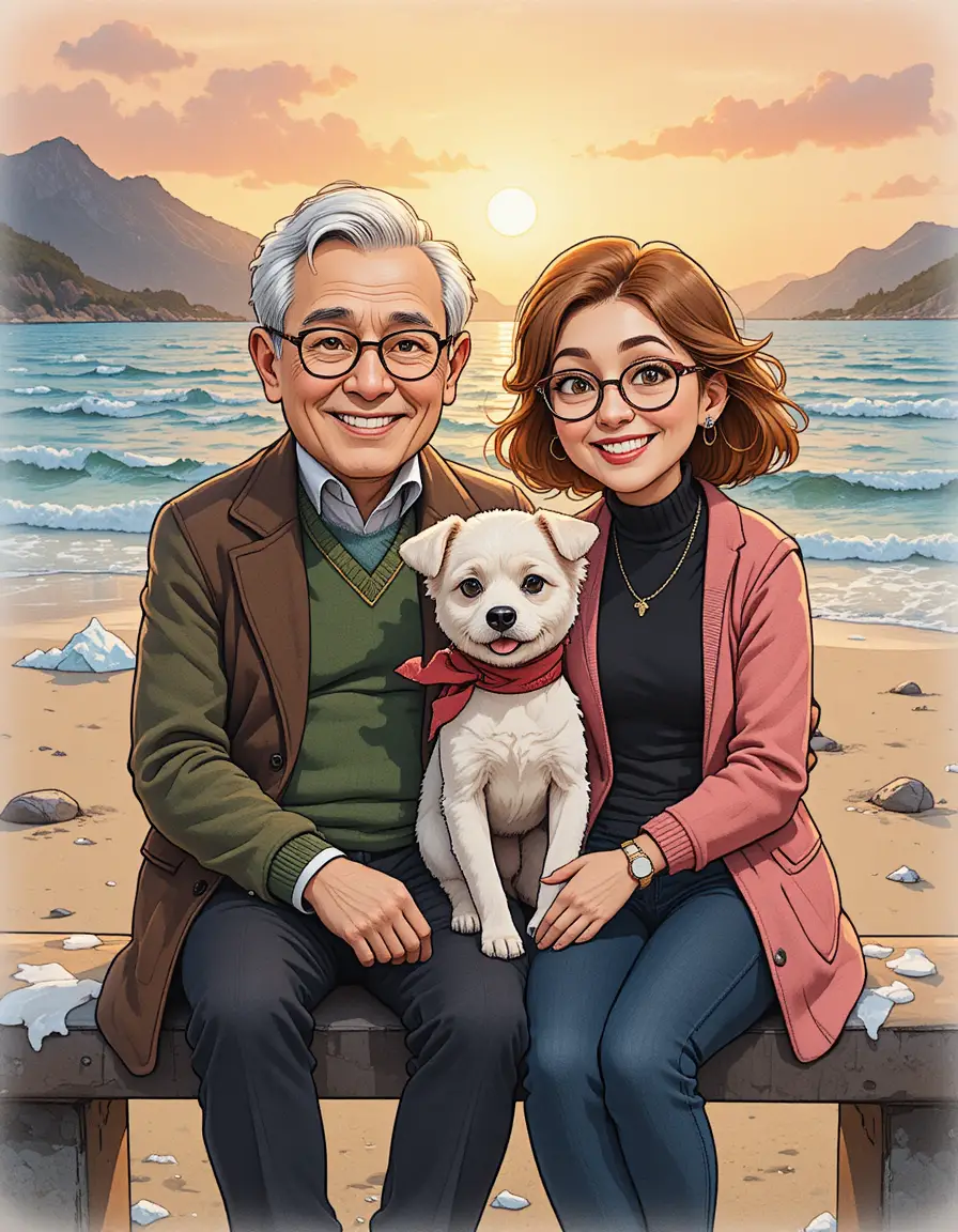 面向大海坐在長椅上的微笑銀髮夫妻