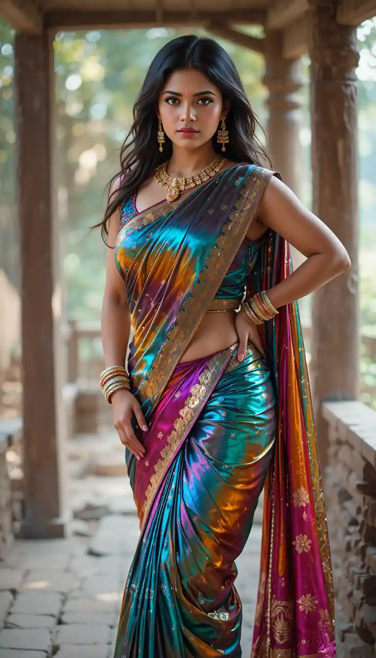 Mujer tamil con sari espejado brillante en pose de cuerpo completo