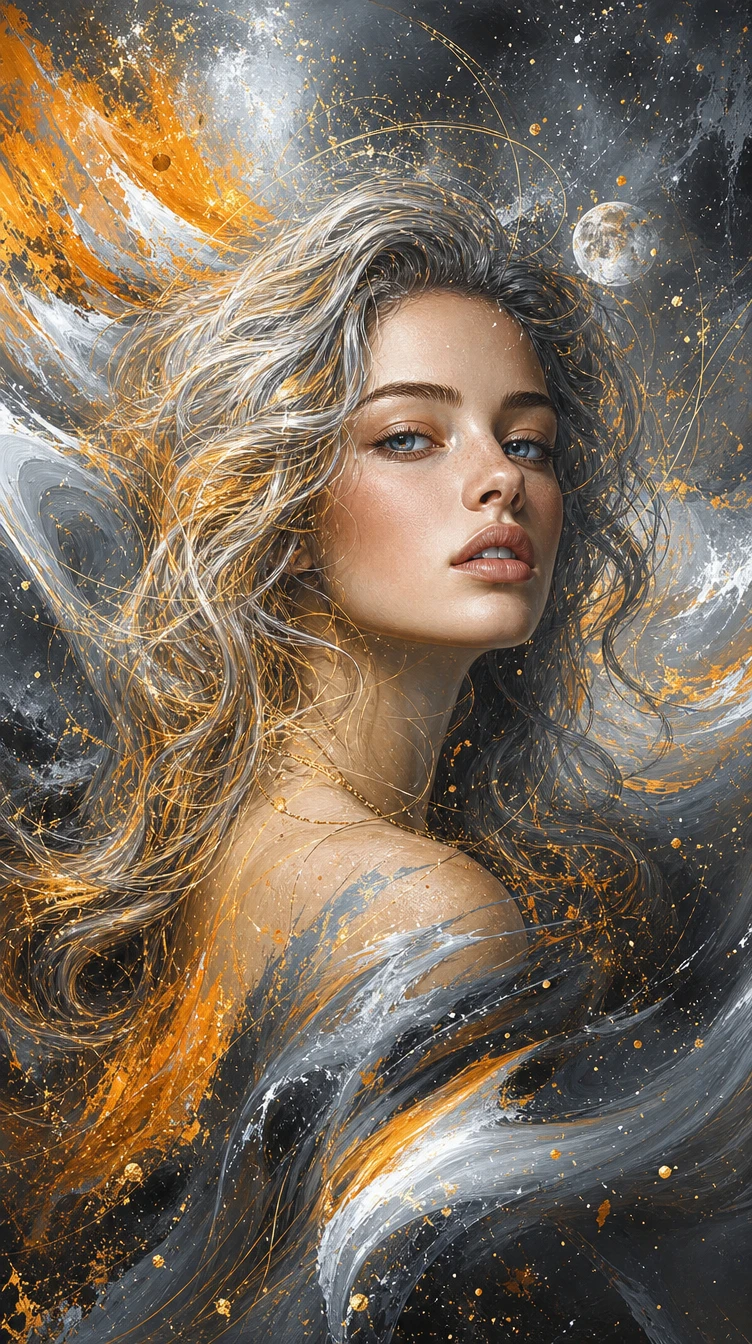 Surrealistisches Porträt eines blauäugigen Mädchens mit silber-goldenem Haar