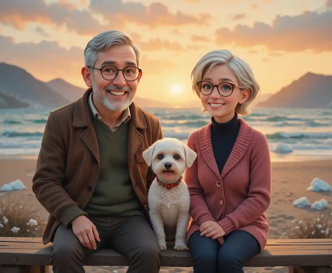 Elderly couple on a beach bench at warm sunset