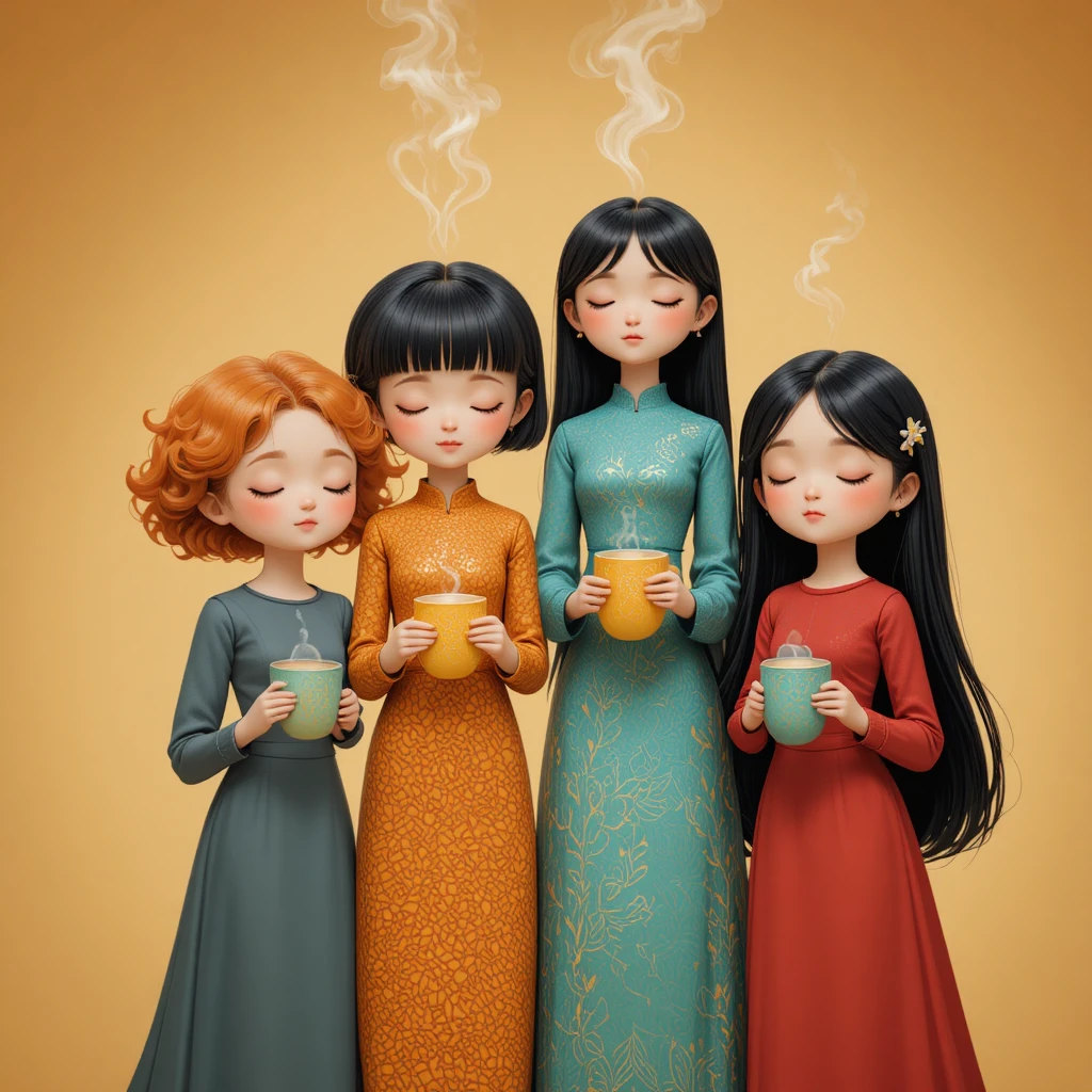 捧著冒著熱氣馬克杯的奇幻女孩柔和數位插畫