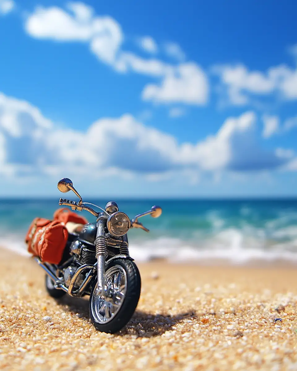 晴朗藍天下的夏日海邊摩托車