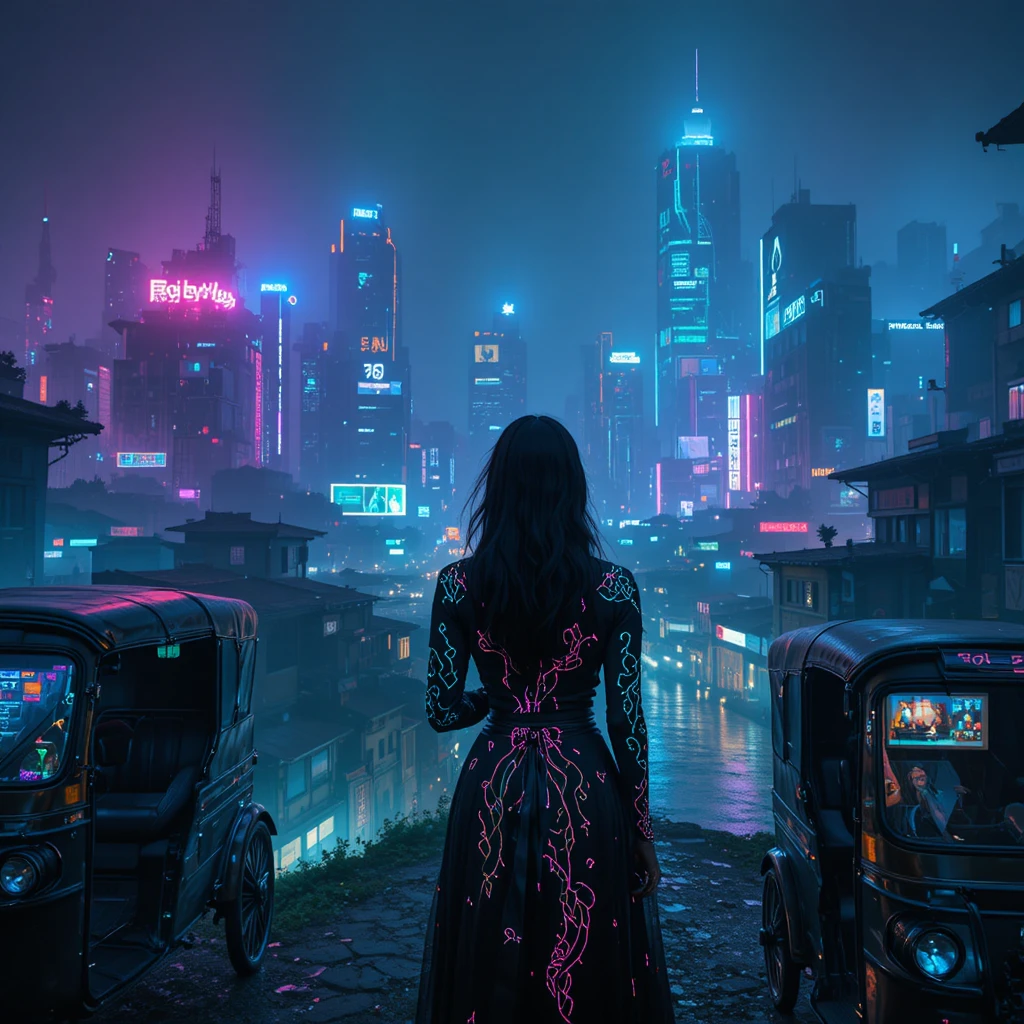 Neon cyberpunk woman overlooking a misty futuristic city