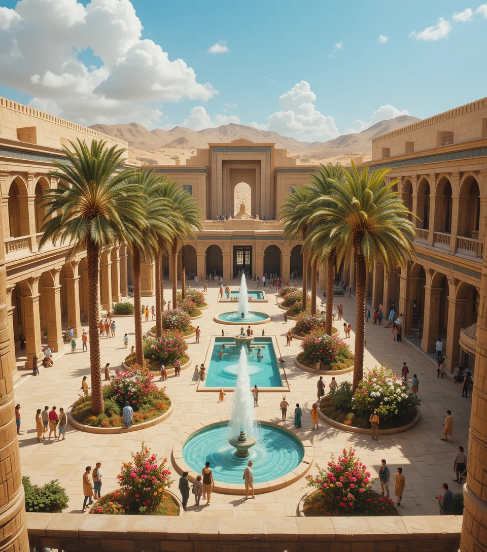 Patio de un palacio del antiguo Egipto visto desde un balcón elevado