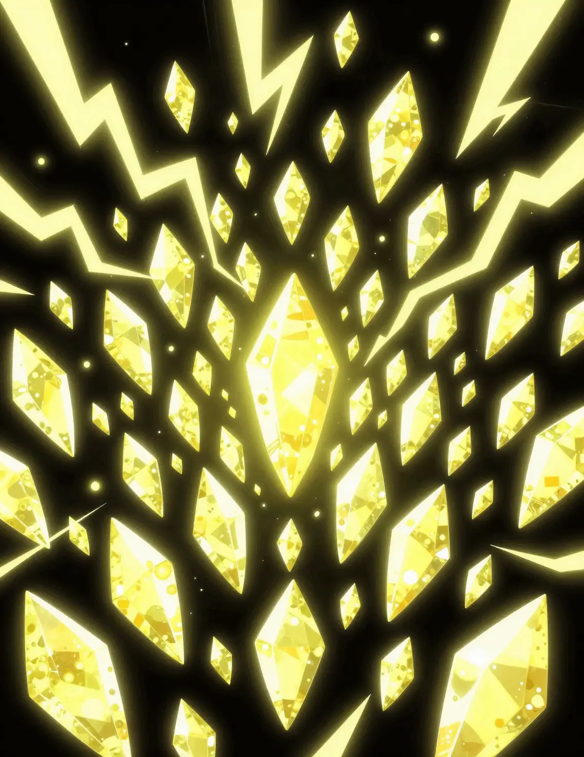 Cartoon spirit realm of glowing yellow neon crystal shards