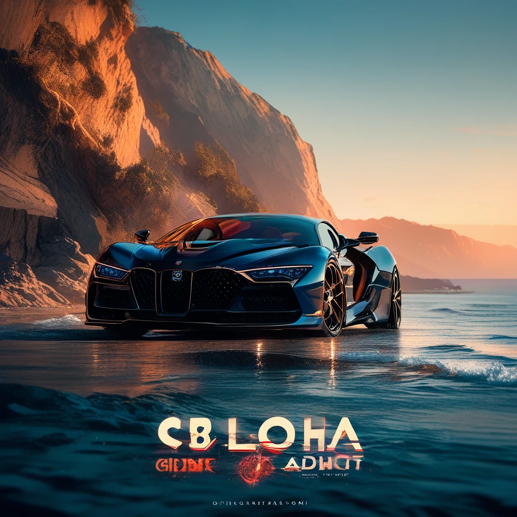Silver hypercar on a cliffside at sunset above the ocean
