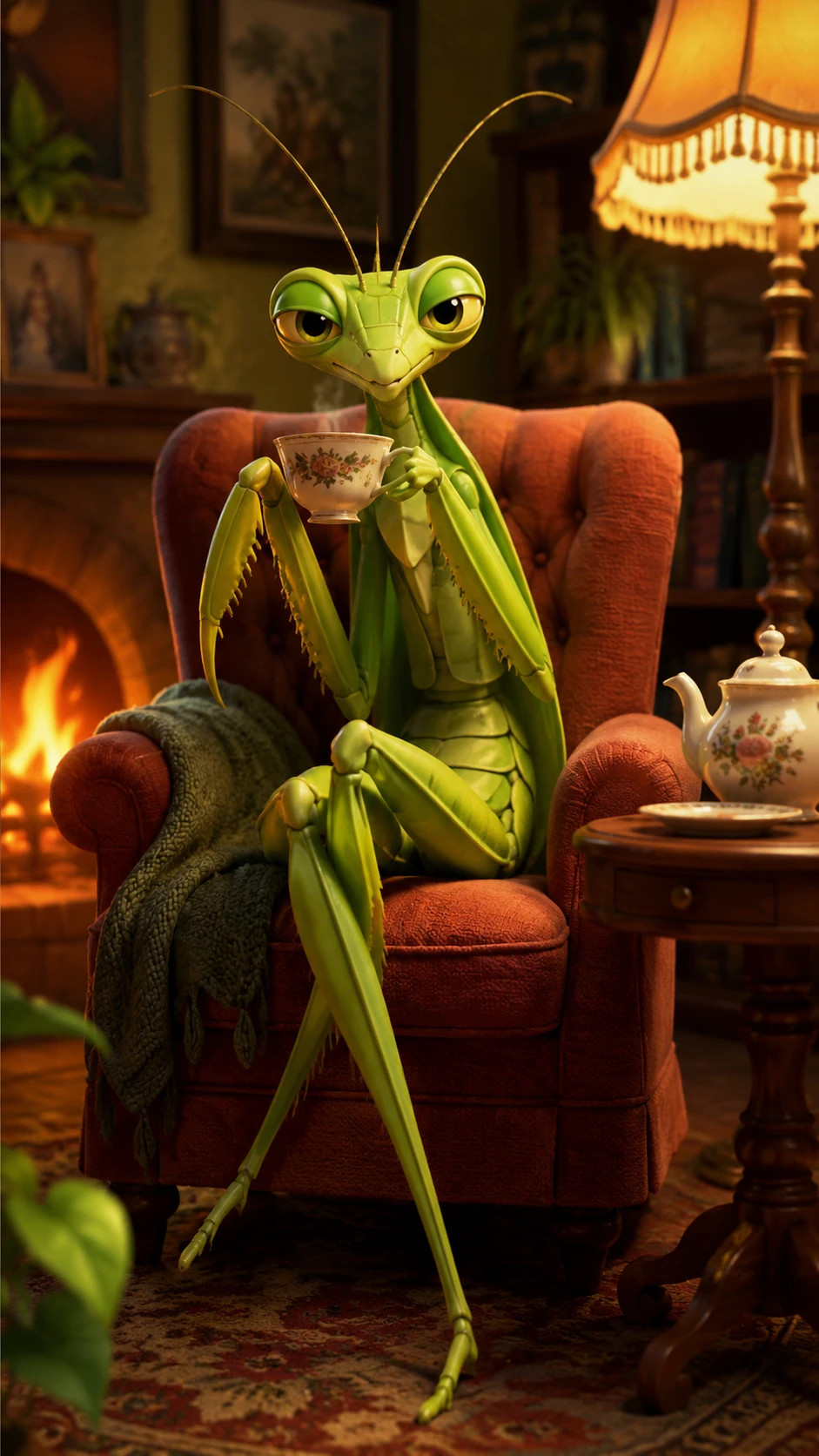 Praying mantis relaxing with tea in a cozy living room