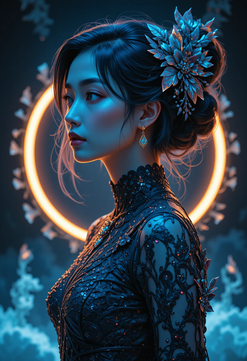 Mujer de anime sorprendida en retrato de perfil neón gótico cyberpunk