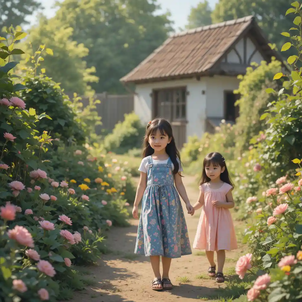 静かな村の庭を歩く少女