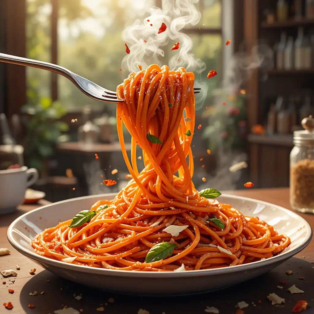 Spicy Anime Style Pasta Twirled On A Fork In Warm Light