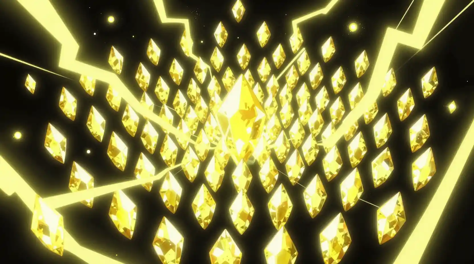 Cartoon neon spirit realm with glowing yellow crystal shards