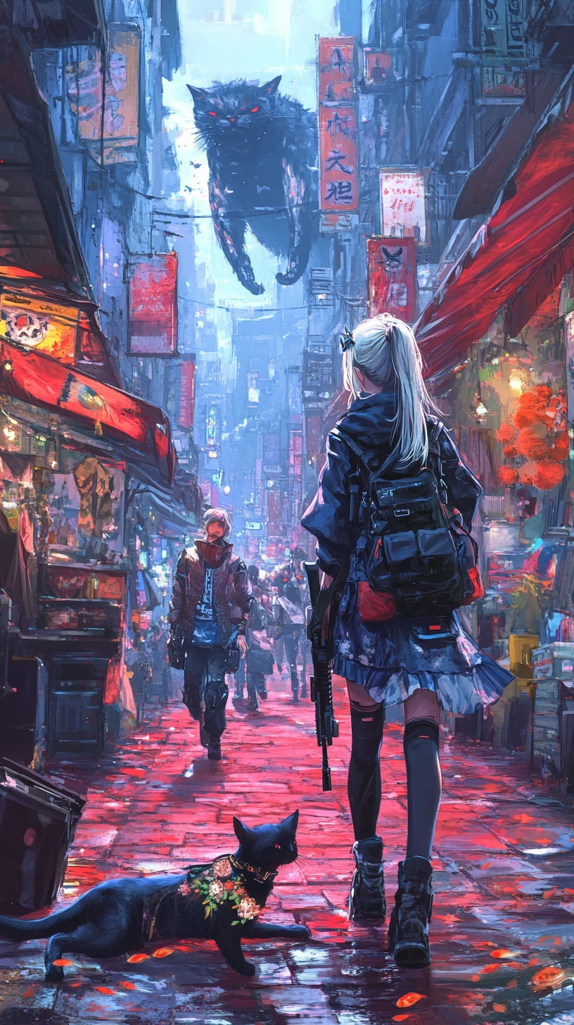 Black winged cat running through a crowded fantasy city street
