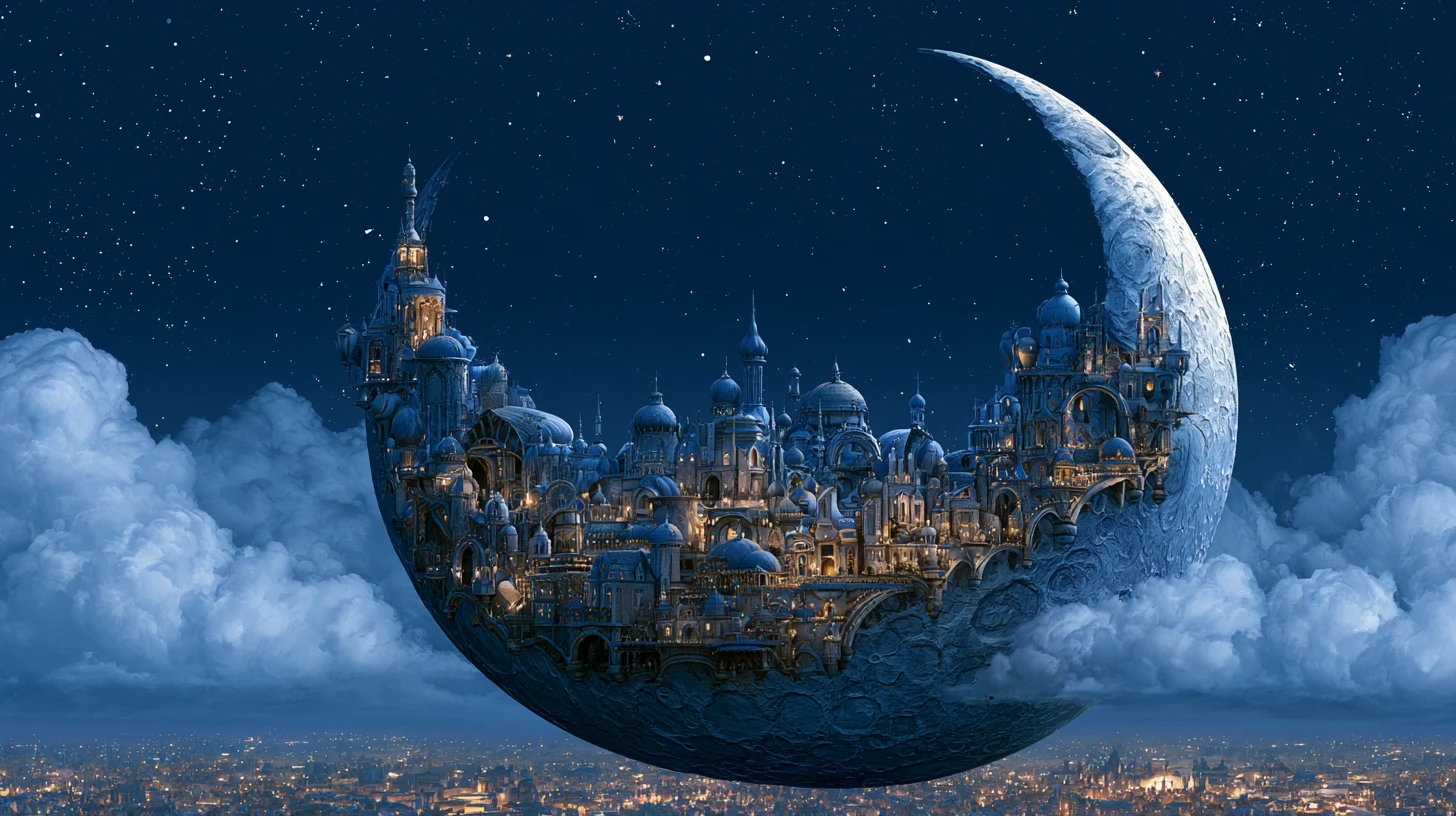 Fantasy city nestled inside a crescent moon in the night sky