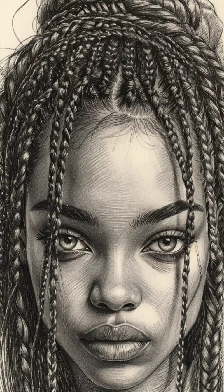 Close up pencil portrait of a young woman with braids