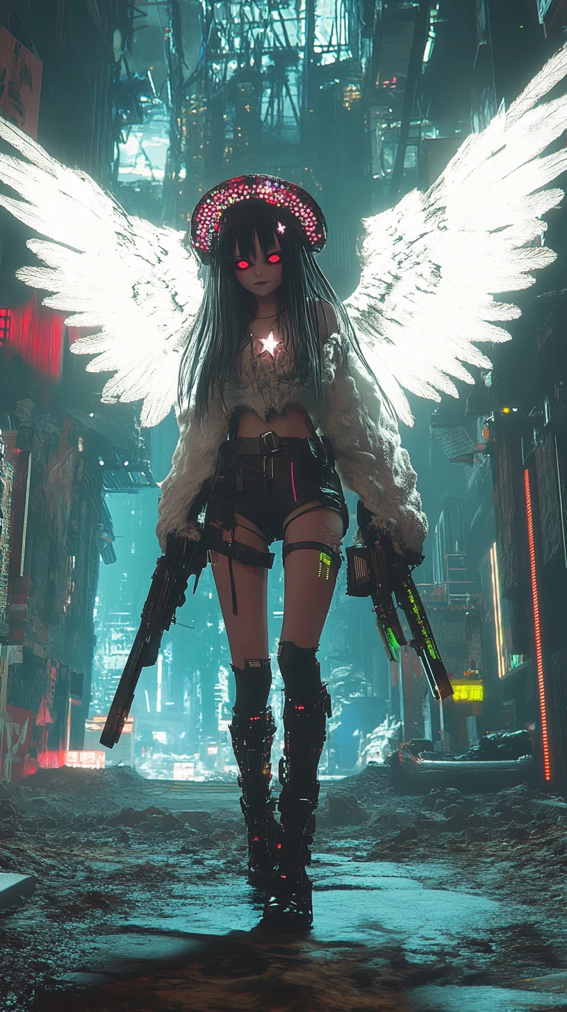 Angel winged girl before a dilapidated cyberpunk desert wall