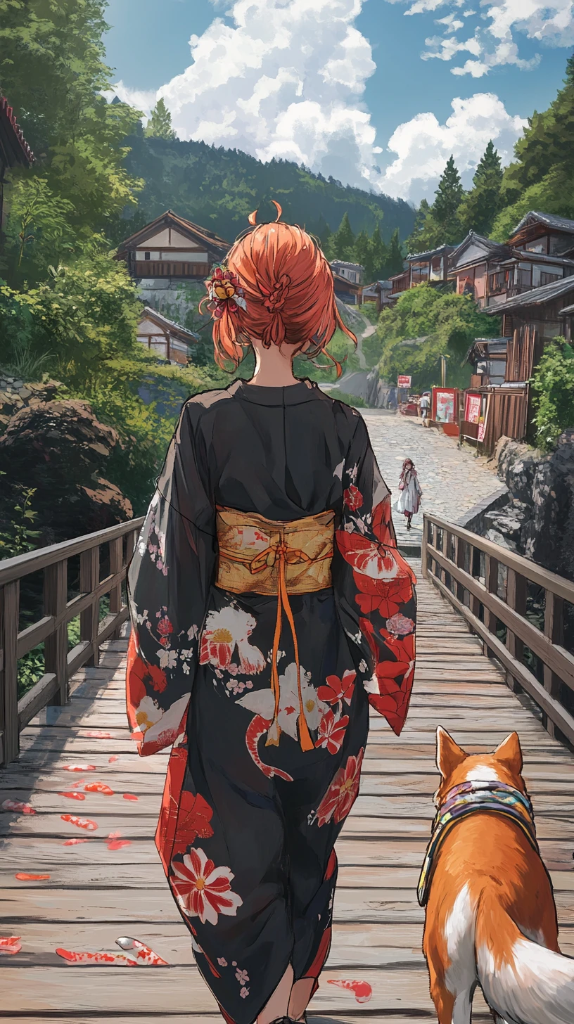 Chica de anime pelirroja caminando sobre un puente de madera