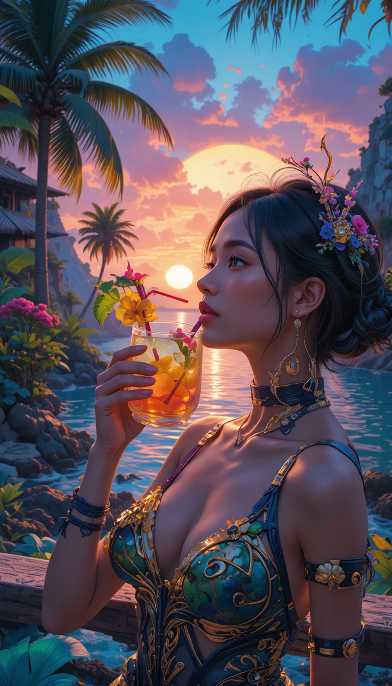 Anime woman savoring a drink at futuristic island resort