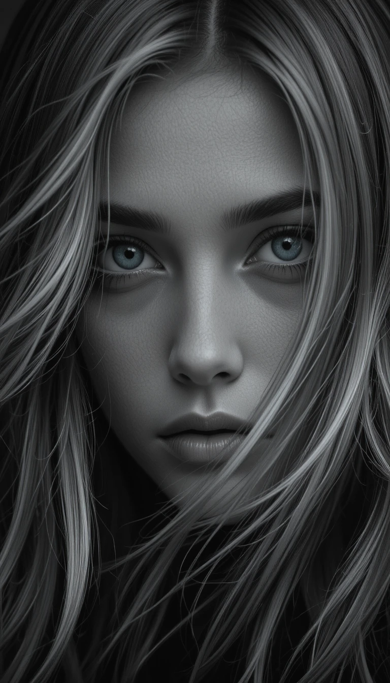 Retrato monocromático y melancólico de mujer con cabello al viento
