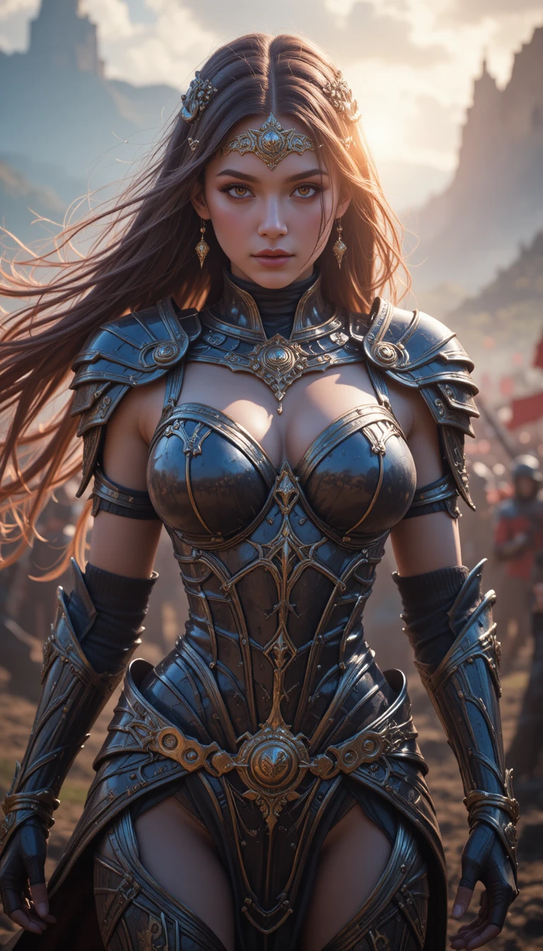 Warrior woman with flowing hair on a fantasy battlefield