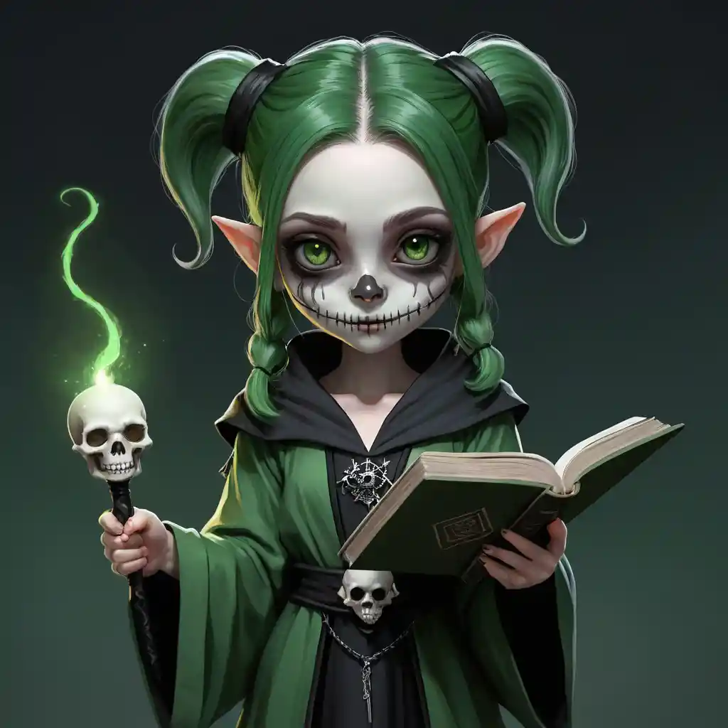 Cute gnome necromancer girl with skull mask and spellbook
