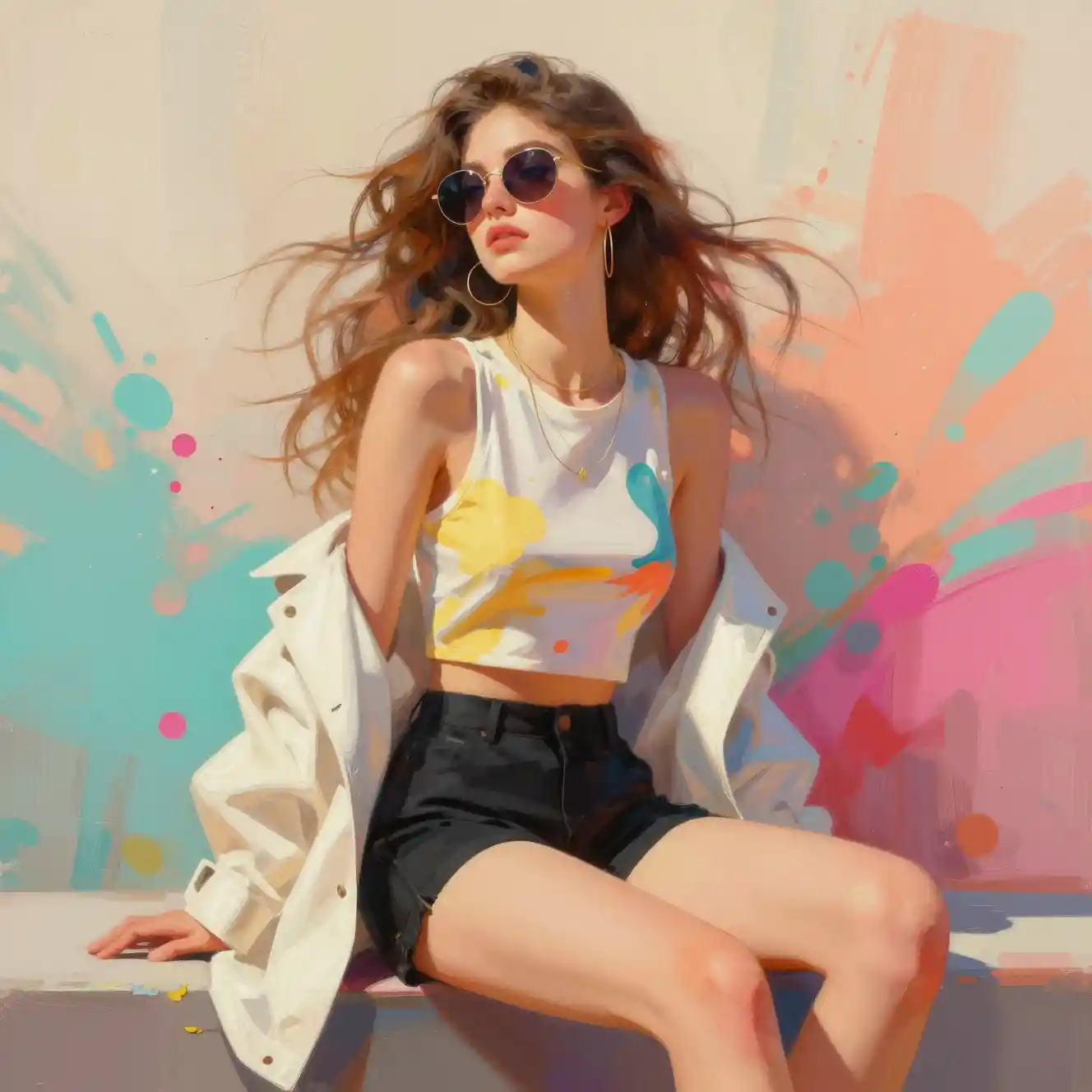 Mujer con estilo sentada frente a un colorido mural abstracto