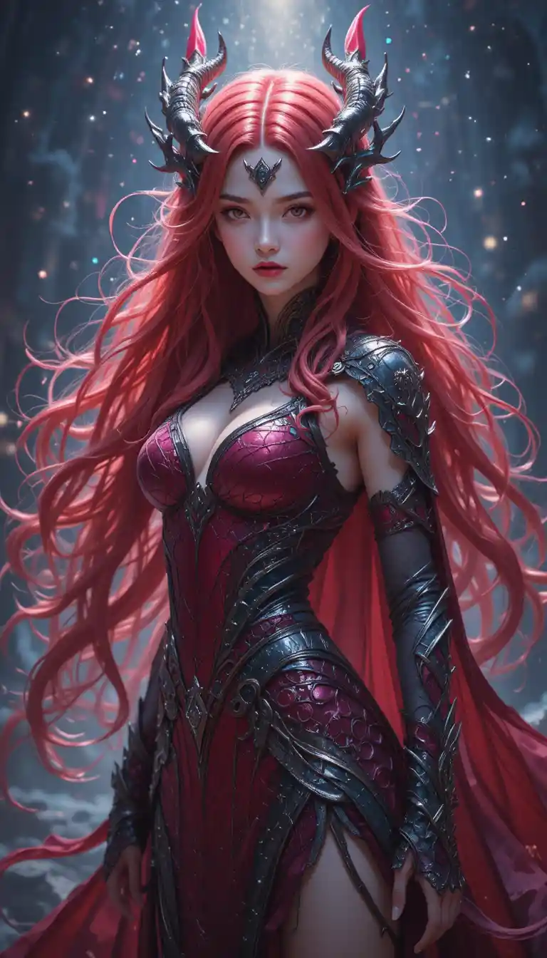 Red haired dragon woman warrior in anime fantasy style