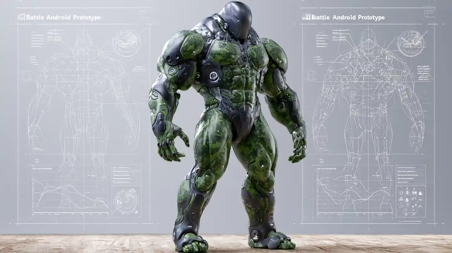 Full body 3D diagram of a heavily armored battle cyborg
