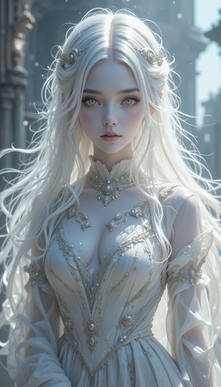 Garota fantasma de anime com cabelos brancos esvoaçantes e vestido nobre rasgado