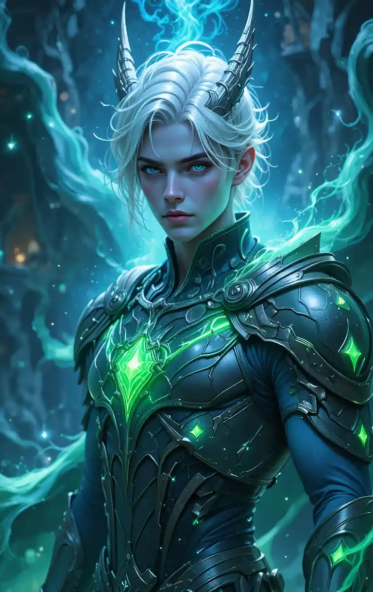 Guerrero de anime con armadura dracónica y patrones verdes luminosos