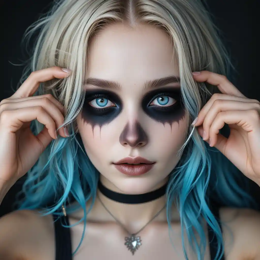 Chica fantasmal de cabello azul sosteniendo un collar con el nombre Emily