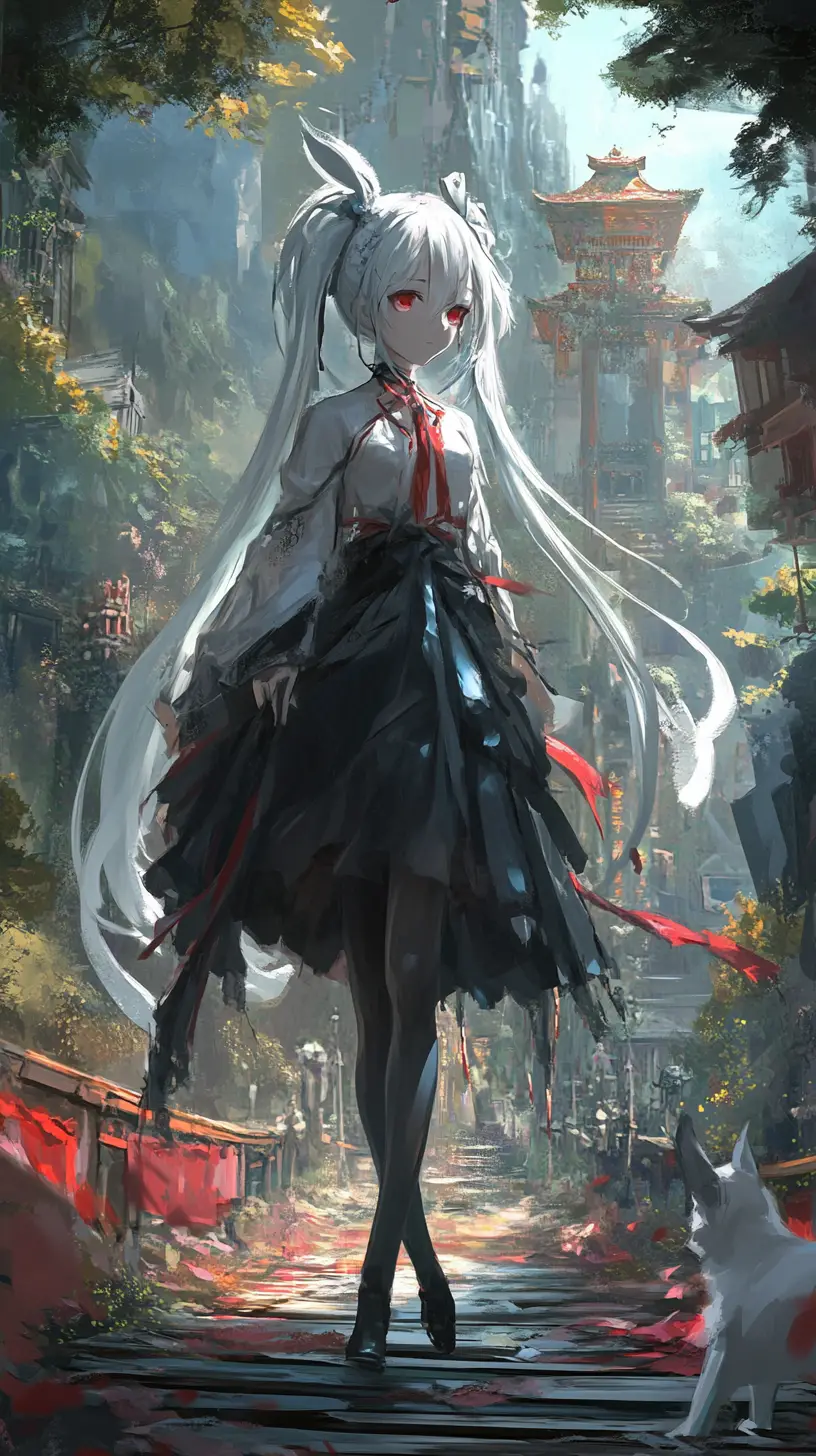 Anime girl with white braids and ghostly smile on bridge