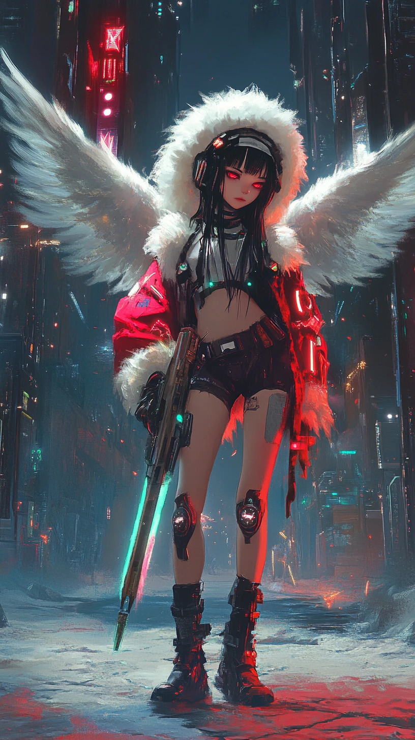 Chica de anime con alas de ángel frente a una ciudad cyberpunk lejana