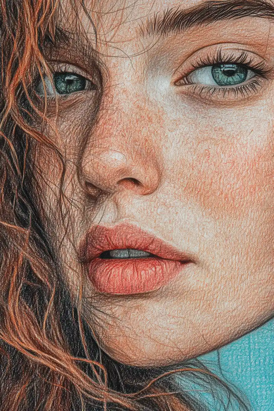Retrato en primer plano a lápiz de color de chica con pecas