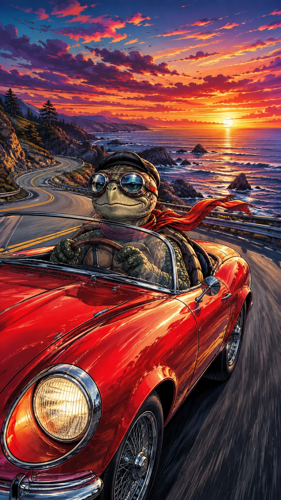 Anthropomorphic turtle driving a red convertible at sunset