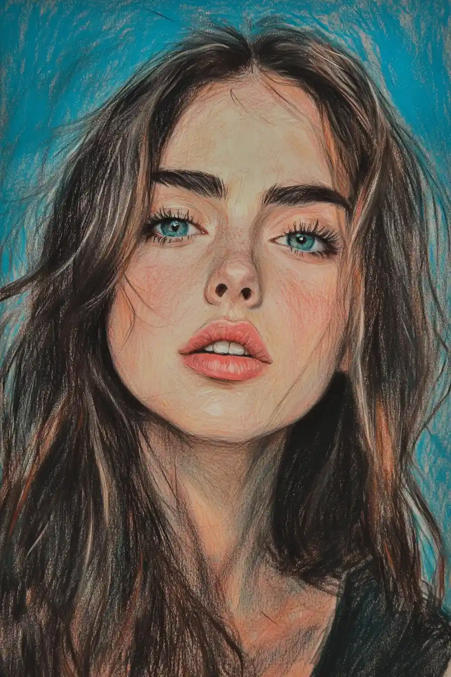 Realistic color pencil portrait of a freckled curly haired girl