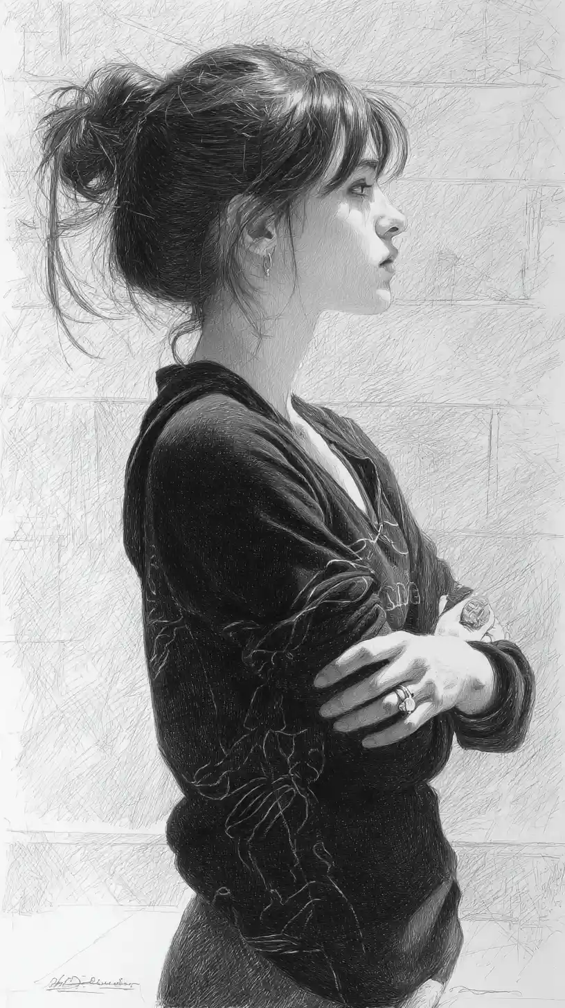 Graphite drawing of focused woman footballer in profile view