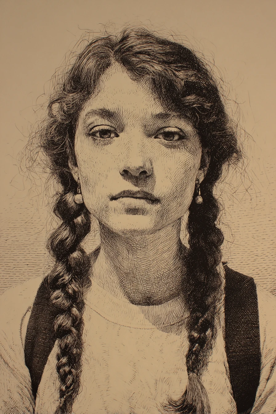 Retrato a tinta de una joven trenzada con mirada suave y segura