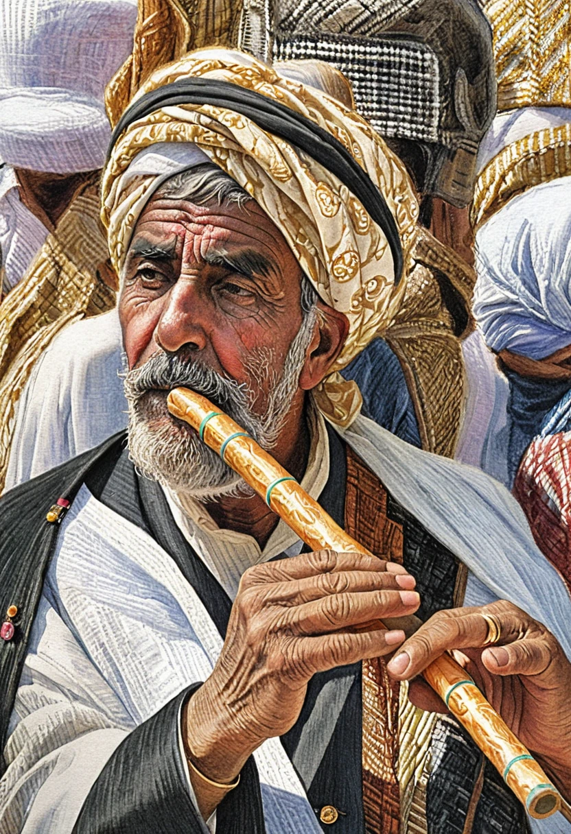 Elderly Middle Eastern man playing wooden flute portrait