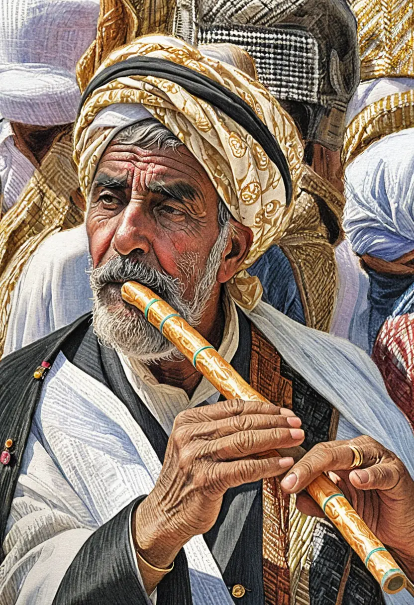 Elderly Middle Eastern man playing wooden flute portrait