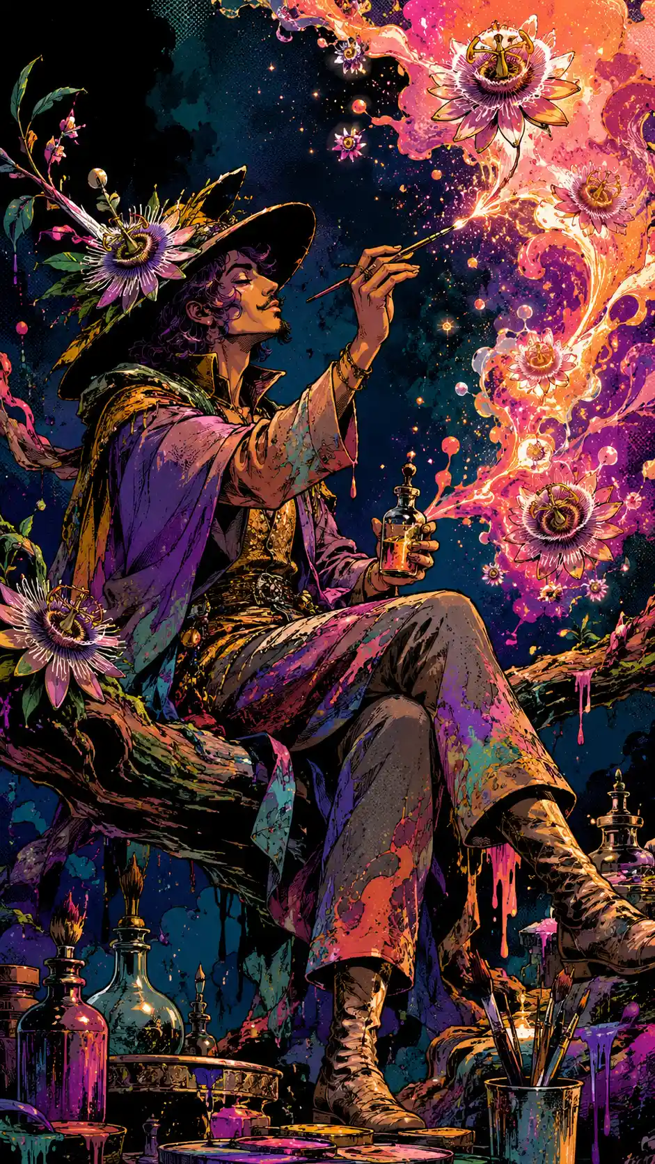 生きた枝に光る花を描く錬金術師