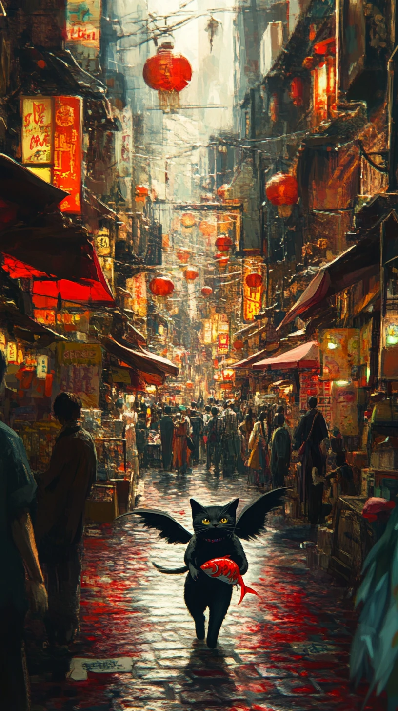 Gato negro alado corriendo por una concurrida calle de ciudad fantástica