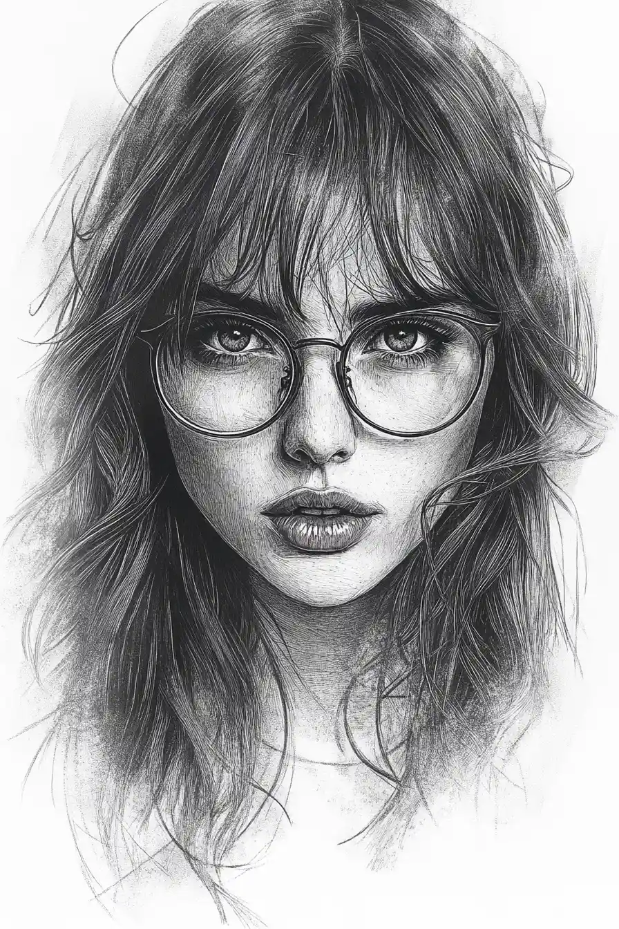Contemplative girl portrait in fine pencil line drawing